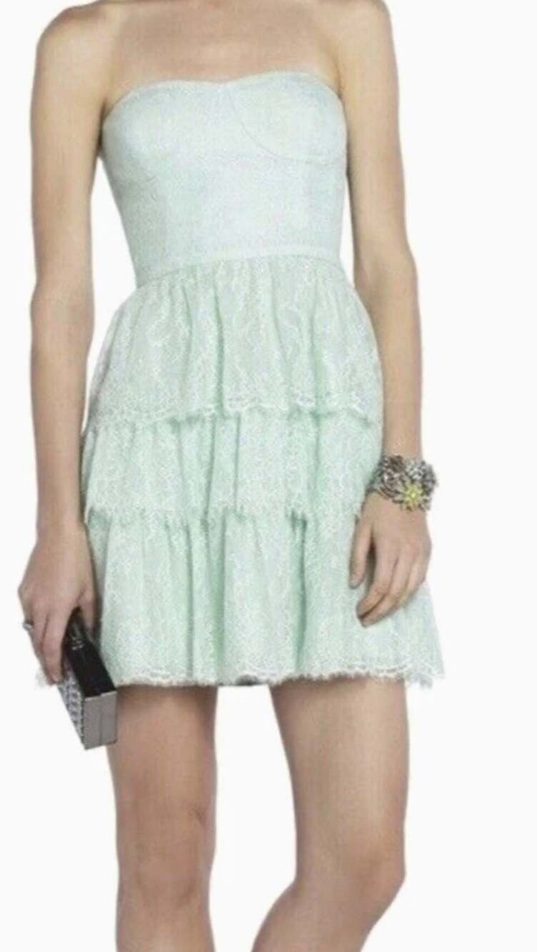 BCBG MAXAZRIA LILAH TIERED LACE STRAPLESS DRESS MSRP $368 NWOT Opaline Green
